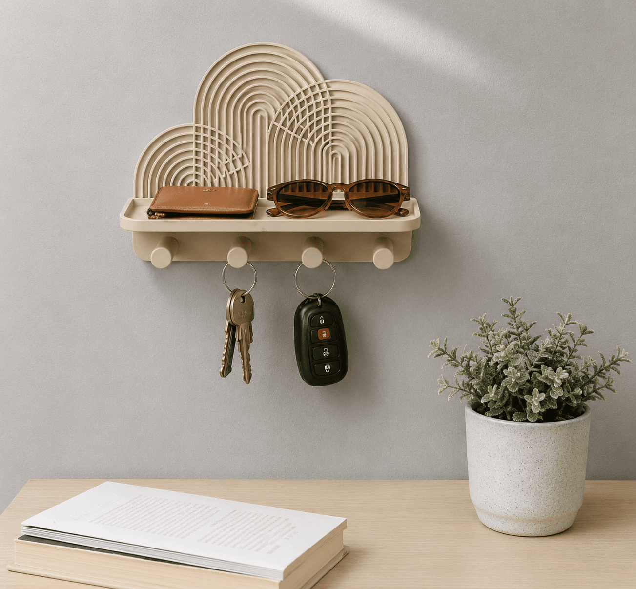 Modern Rainbow Wall Key Holder with Shelf | 4 Hook Entryway Organizer