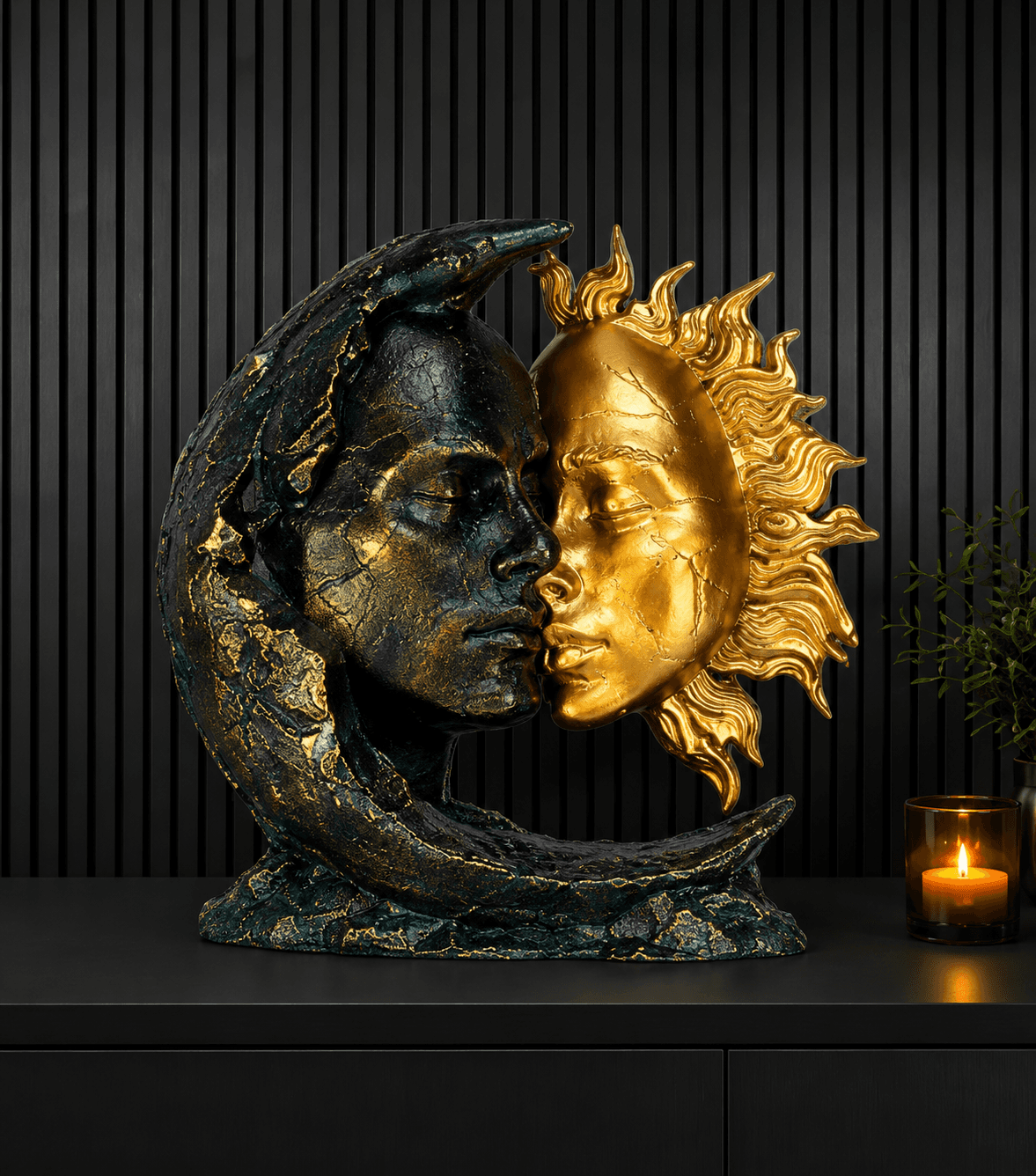 Celestial Sun and Moon Sculpture | Black Gold Abstract Couple Home Decor 3