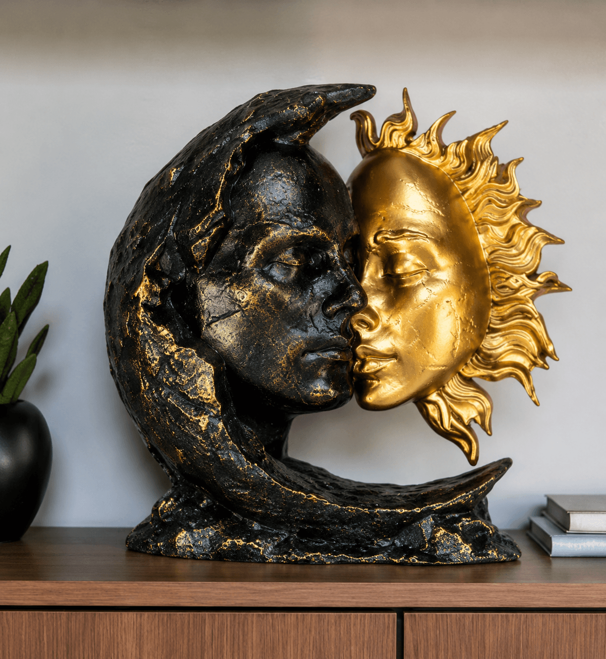 Celestial Sun and Moon Sculpture | Black Gold Abstract Couple Home Decor