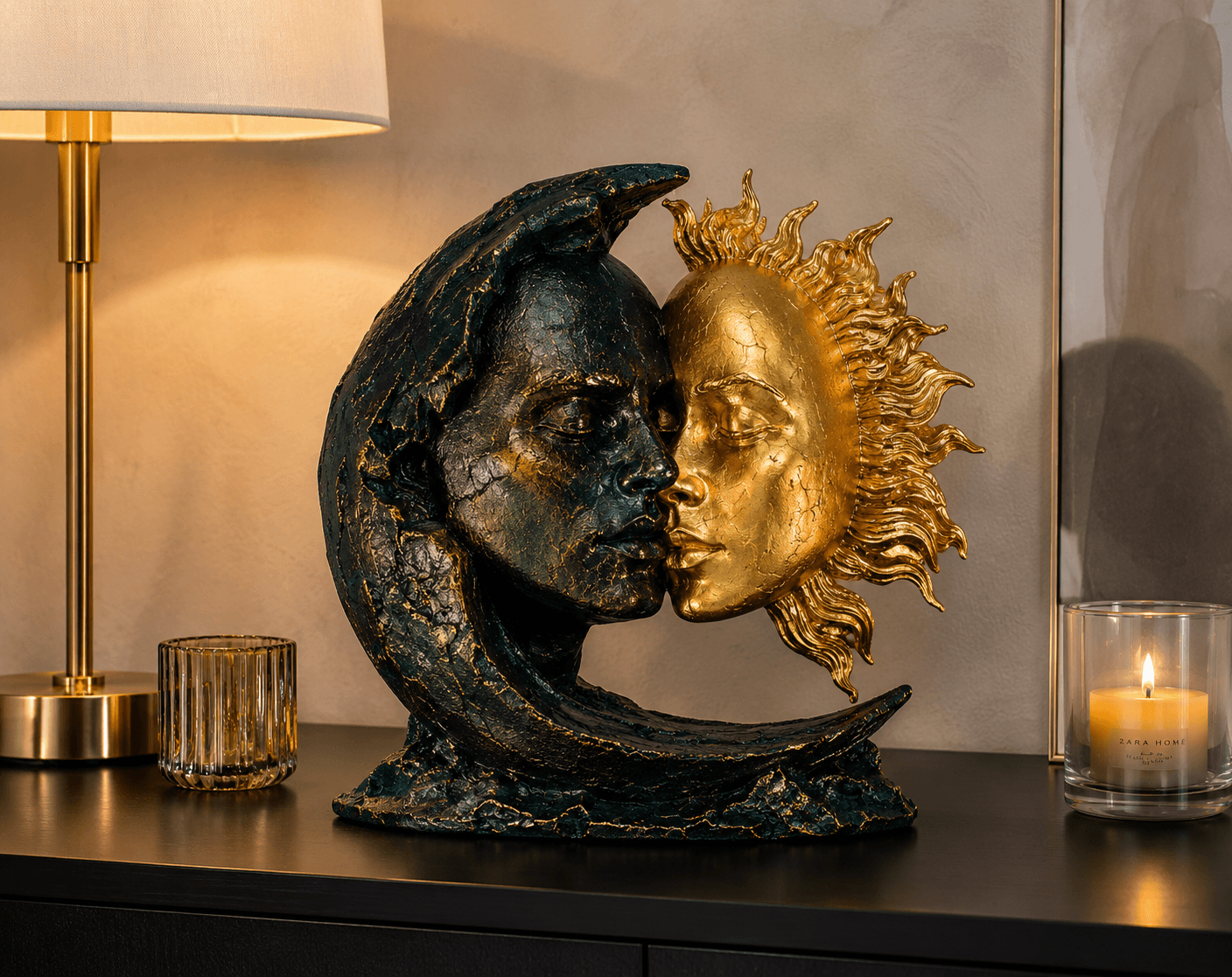Celestial Sun and Moon Sculpture | Black Gold Abstract Couple Home Decor 7