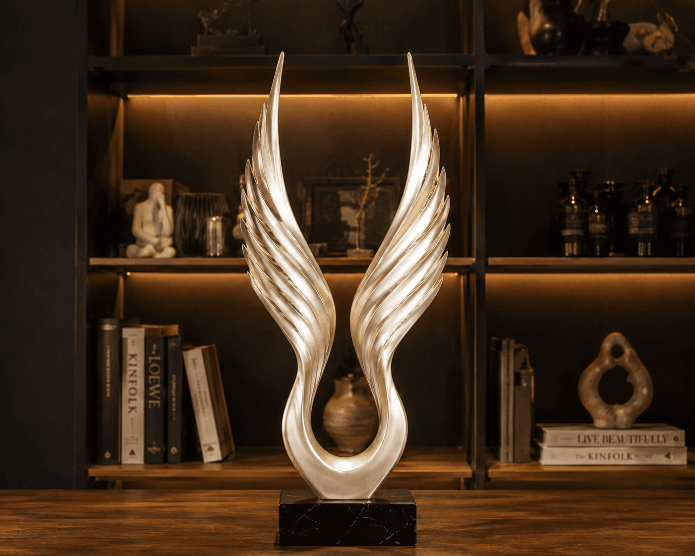 Luxury Angel Wings Sculpture | Gold Wing Home Decor with Black Marble Base 3
