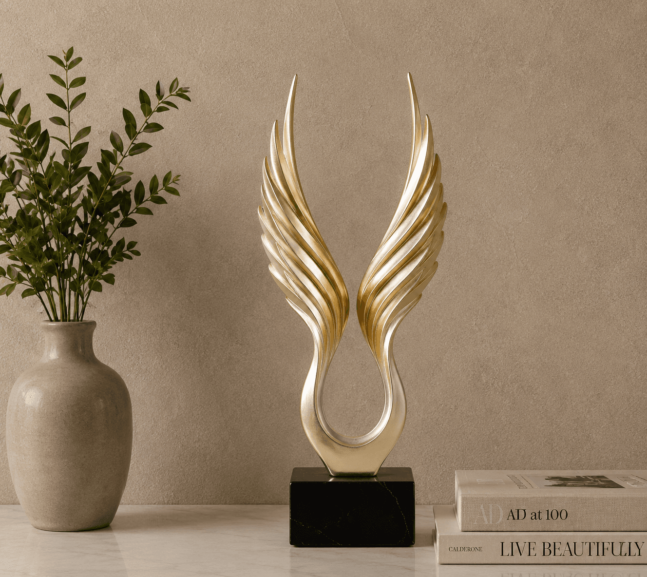 Luxury Angel Wings Sculpture | Gold Wing Home Decor with Black Marble Base